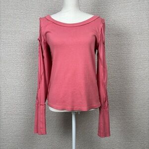 Free People Top Womens Lg Pink Daisy Chain Cuffed Long Sleeve Crew Neck Blouse